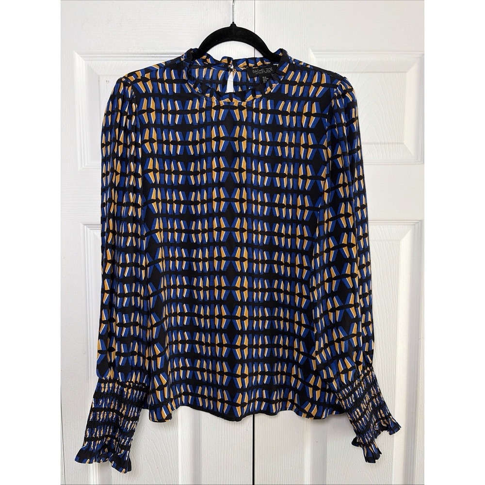 Rachel Zoe Geometric Mock Neck Blouse Womens Size M Blue Smocked Cuff Office